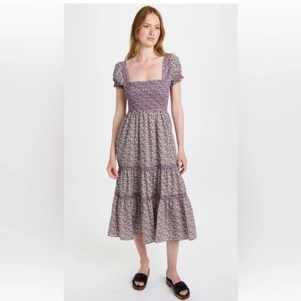 OPT Daphne Smocked Bodice Floral Midi Dress Puff Sleeve Tiered Purple Size‎ M